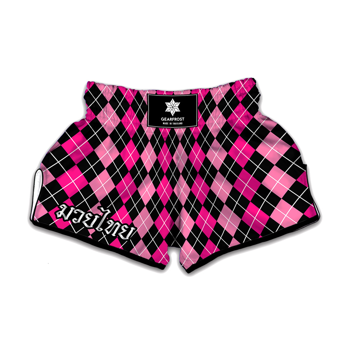 Deep Pink And Black Argyle Pattern Print Muay Thai Boxing Shorts