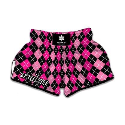 Deep Pink And Black Argyle Pattern Print Muay Thai Boxing Shorts