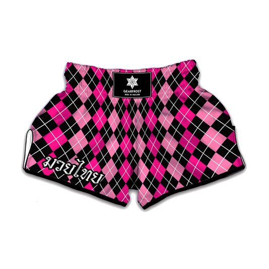 Deep Pink And Black Argyle Pattern Print Muay Thai Boxing Shorts