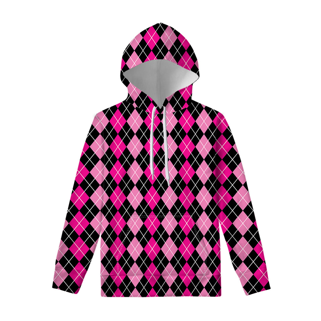 Deep Pink And Black Argyle Pattern Print Pullover Hoodie