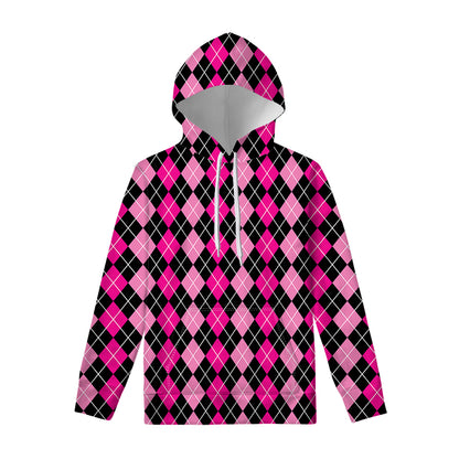 Deep Pink And Black Argyle Pattern Print Pullover Hoodie