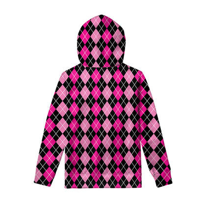 Deep Pink And Black Argyle Pattern Print Pullover Hoodie