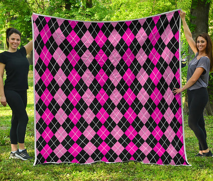 Deep Pink And Black Argyle Pattern Print Quilt