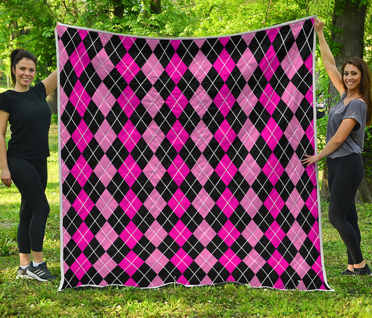 Deep Pink And Black Argyle Pattern Print Quilt