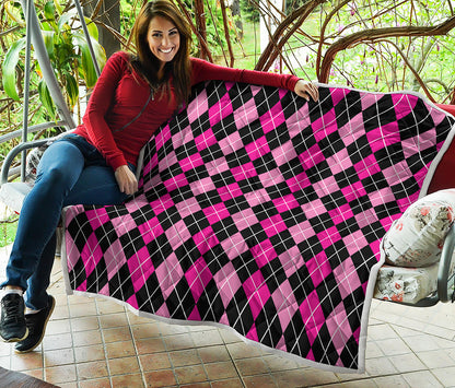 Deep Pink And Black Argyle Pattern Print Quilt