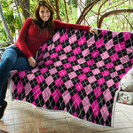 Deep Pink And Black Argyle Pattern Print Quilt