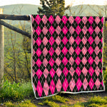 Deep Pink And Black Argyle Pattern Print Quilt