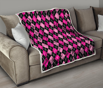Deep Pink And Black Argyle Pattern Print Quilt