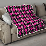 Deep Pink And Black Argyle Pattern Print Quilt