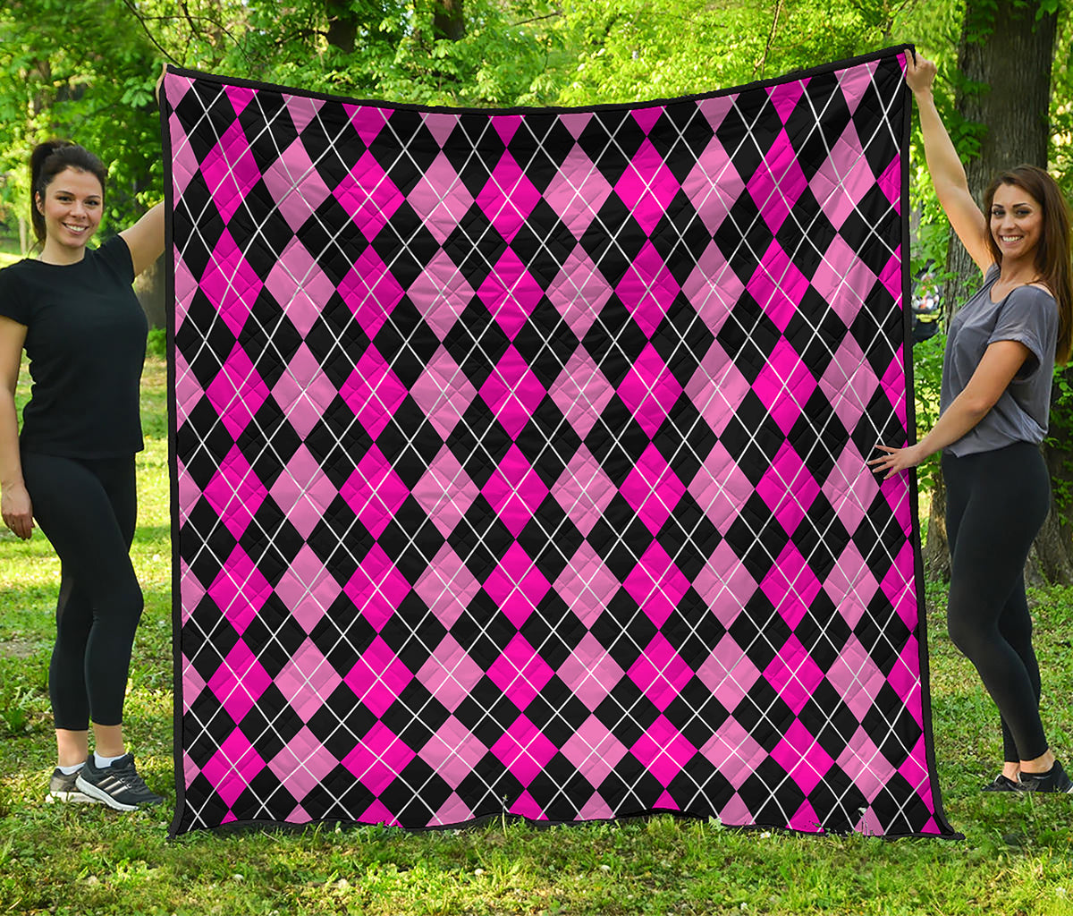 Deep Pink And Black Argyle Pattern Print Quilt