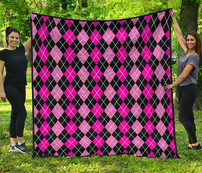 Deep Pink And Black Argyle Pattern Print Quilt