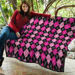 Deep Pink And Black Argyle Pattern Print Quilt