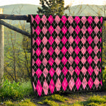 Deep Pink And Black Argyle Pattern Print Quilt