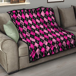 Deep Pink And Black Argyle Pattern Print Quilt