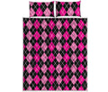 Deep Pink And Black Argyle Pattern Print Quilt Bed Set