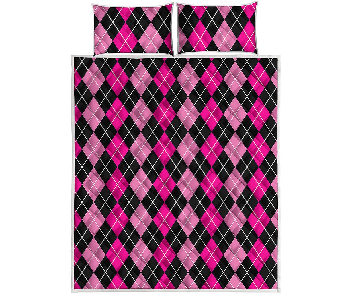 Deep Pink And Black Argyle Pattern Print Quilt Bed Set