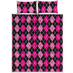 Deep Pink And Black Argyle Pattern Print Quilt Bed Set
