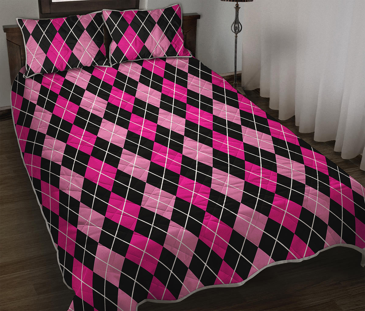 Deep Pink And Black Argyle Pattern Print Quilt Bed Set