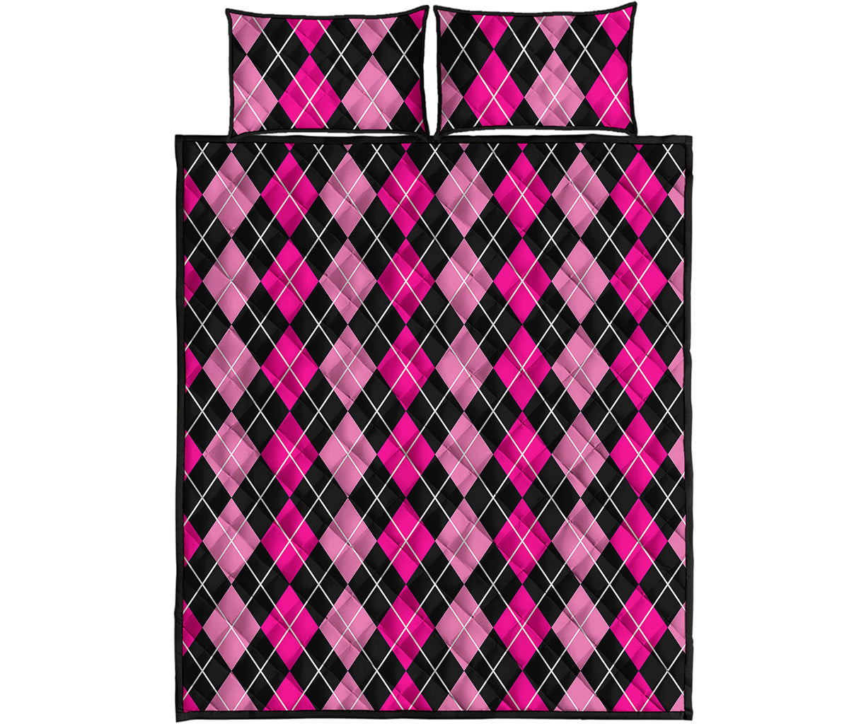Deep Pink And Black Argyle Pattern Print Quilt Bed Set