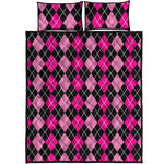 Deep Pink And Black Argyle Pattern Print Quilt Bed Set