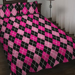 Deep Pink And Black Argyle Pattern Print Quilt Bed Set