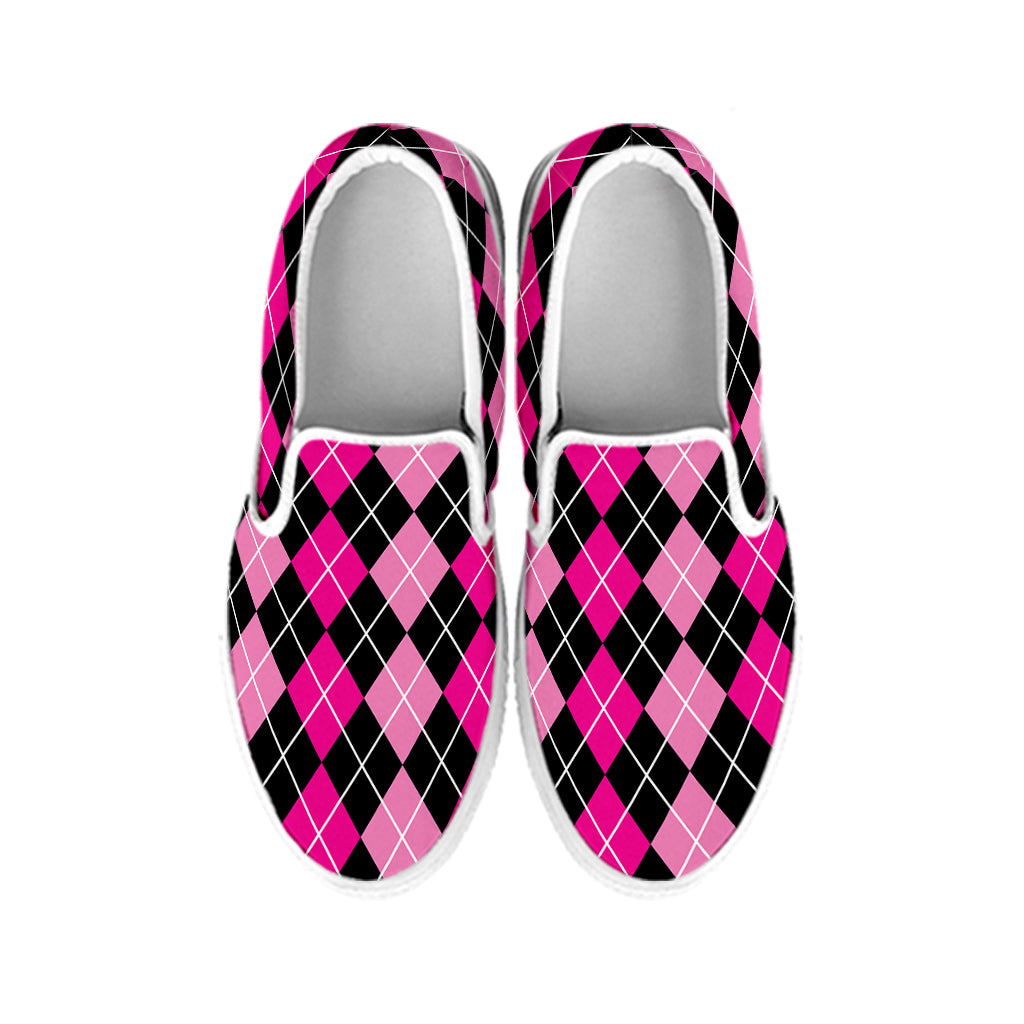 Deep Pink And Black Argyle Pattern Print White Slip On Shoes