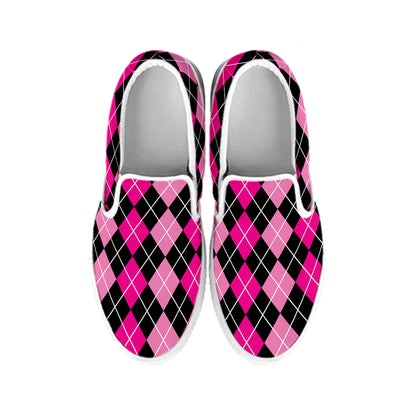 Deep Pink And Black Argyle Pattern Print White Slip On Shoes