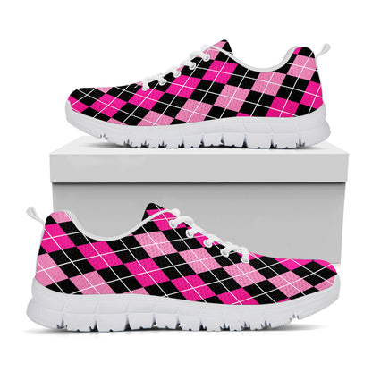 Deep Pink And Black Argyle Pattern Print White Sneakers
