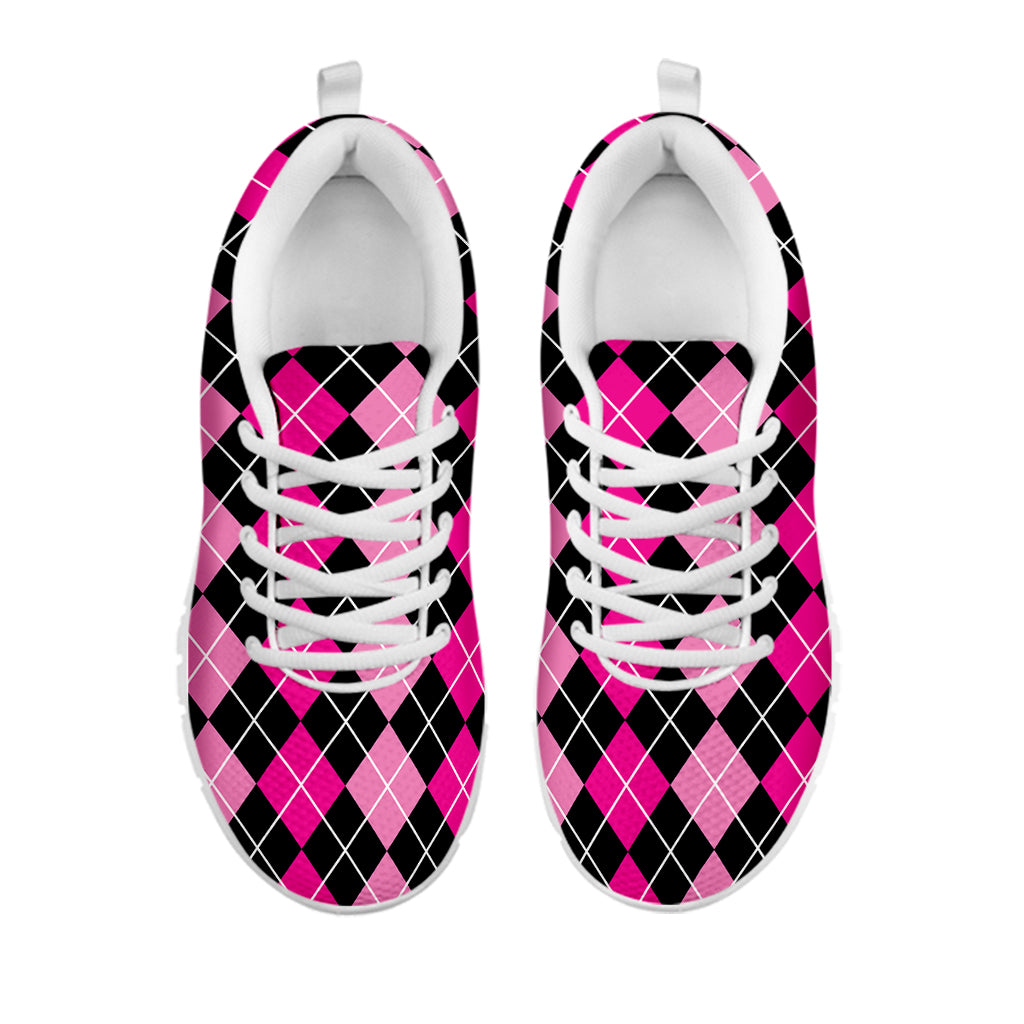 Deep Pink And Black Argyle Pattern Print White Sneakers
