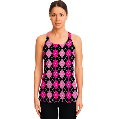 Deep Pink And Black Argyle Pattern Print Women's Racerback Tank Top