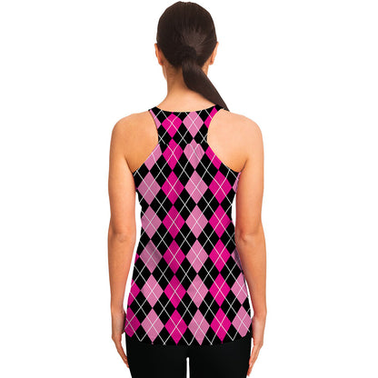 Deep Pink And Black Argyle Pattern Print Women's Racerback Tank Top
