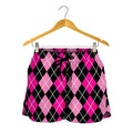 Deep Pink And Black Argyle Pattern Print Women's Shorts