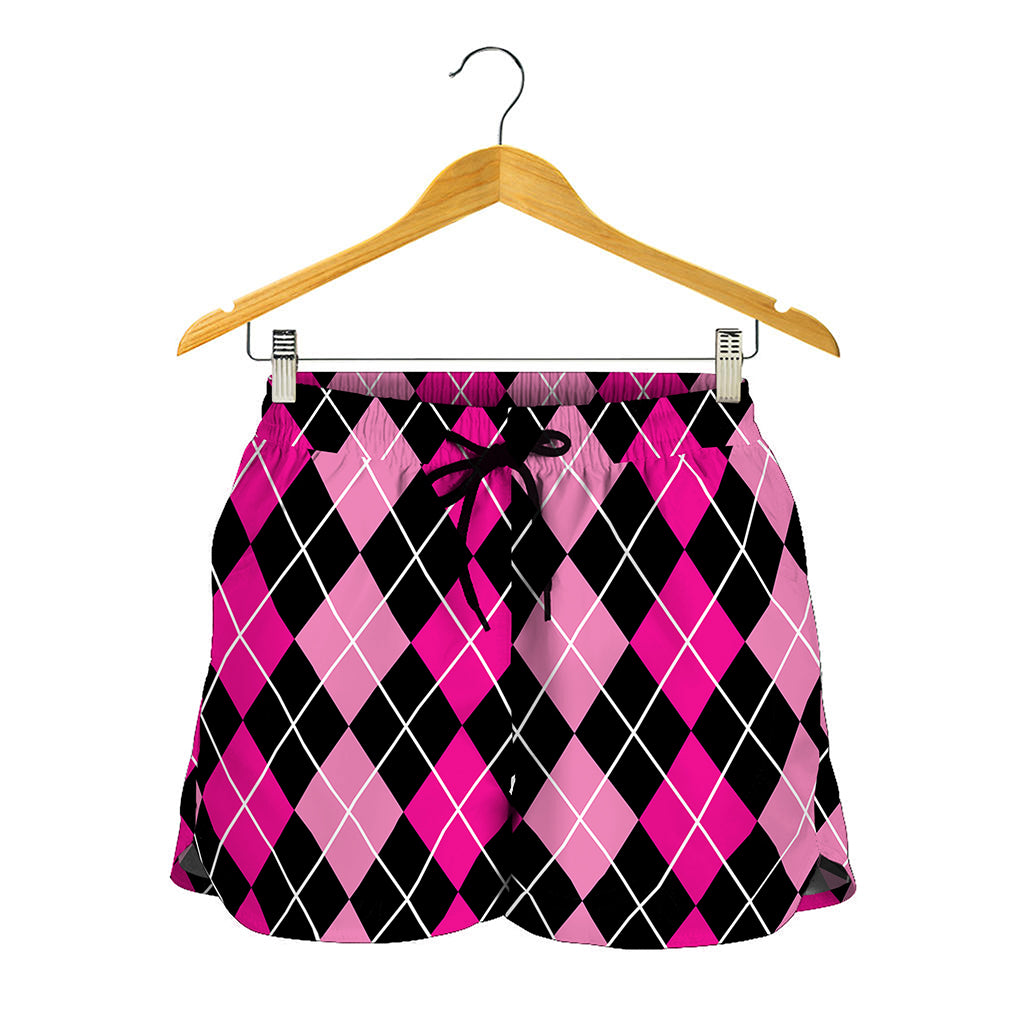 Deep Pink And Black Argyle Pattern Print Women's Shorts