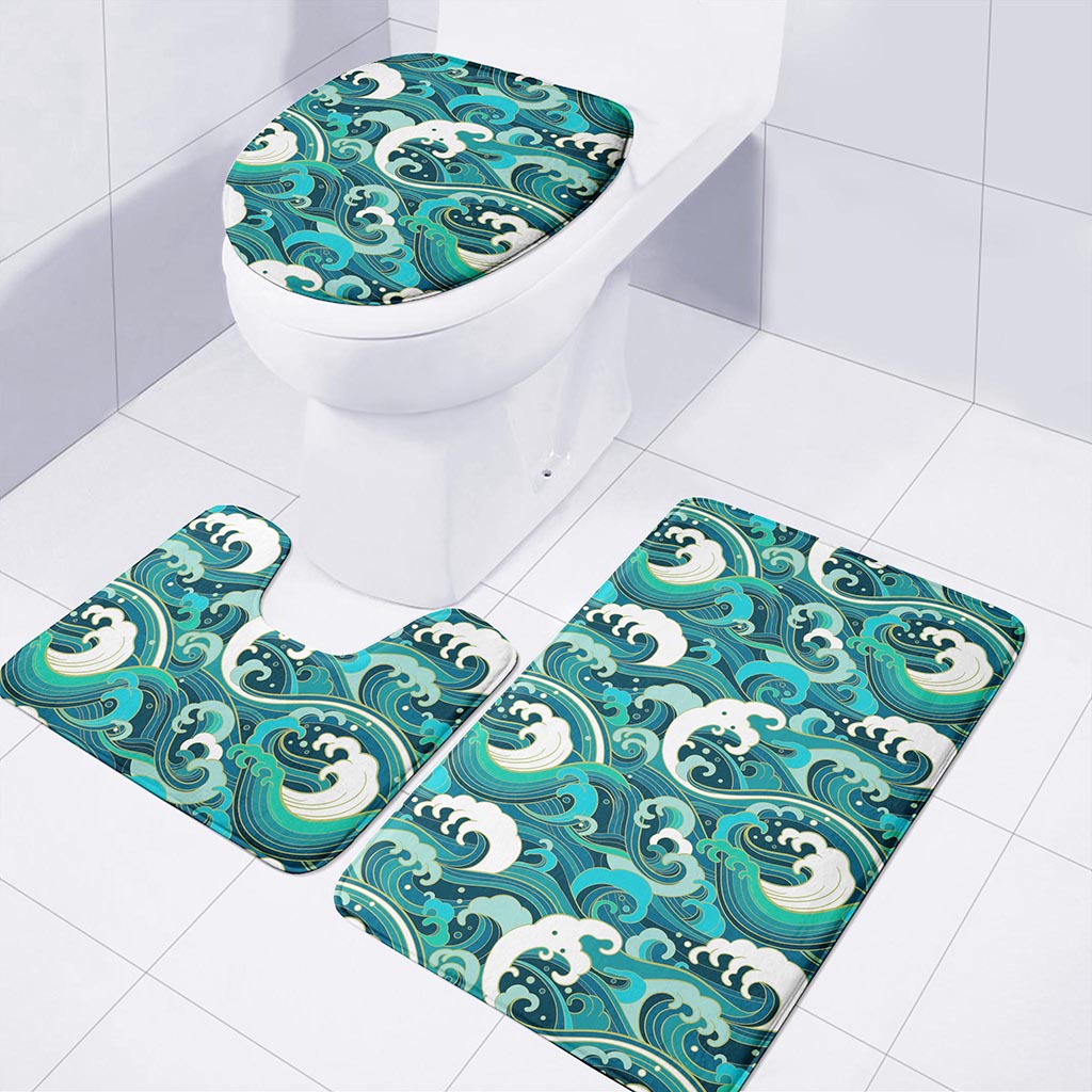 Deep Sea Wave Surfing Pattern Print 3 Piece Bath Mat Set