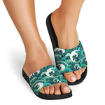 Deep Sea Wave Surfing Pattern Print Black Slide Sandals