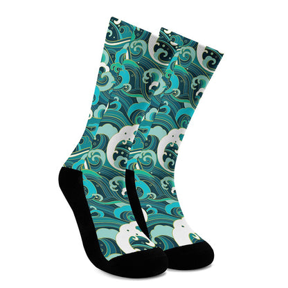 Deep Sea Wave Surfing Pattern Print Crew Socks