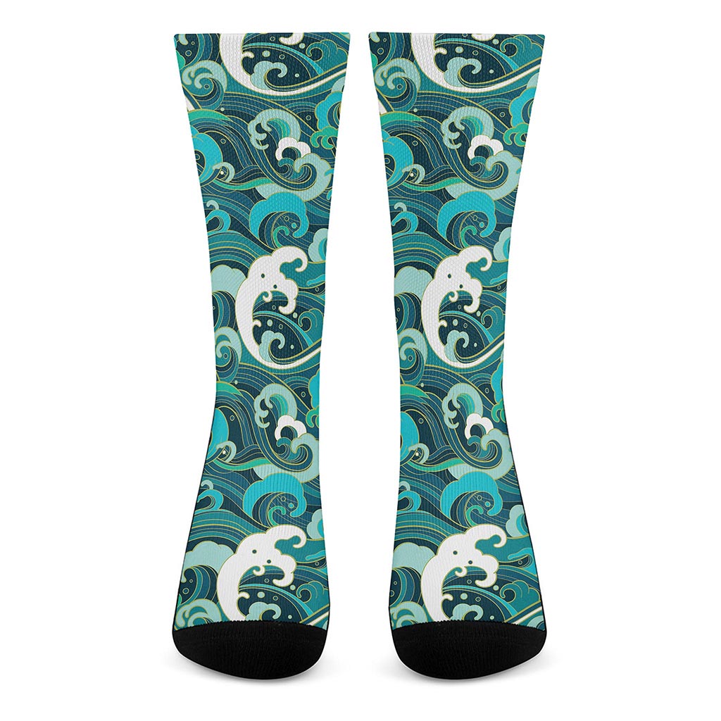 Deep Sea Wave Surfing Pattern Print Crew Socks