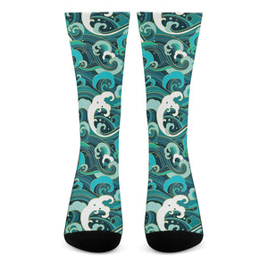 Deep Sea Wave Surfing Pattern Print Crew Socks