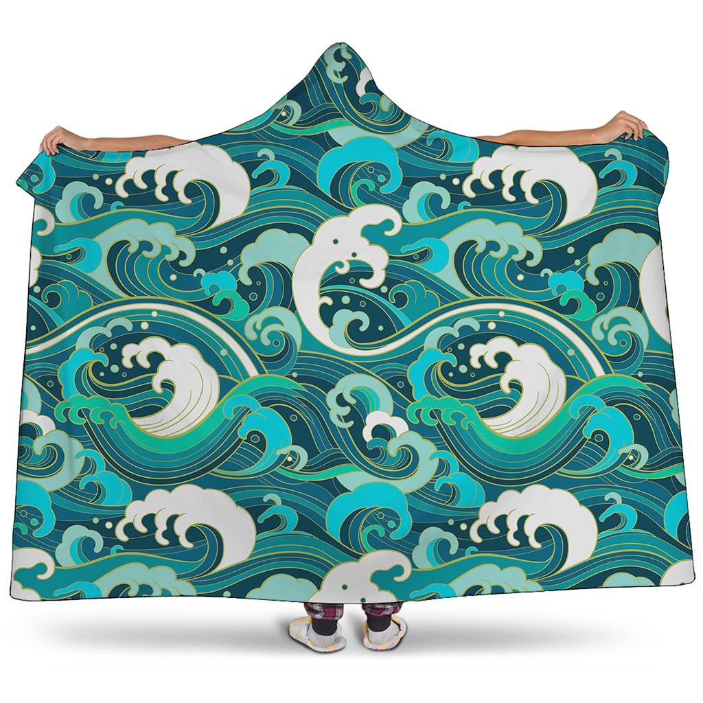 Deep Sea Wave Surfing Pattern Print Hooded Blanket