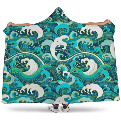 Deep Sea Wave Surfing Pattern Print Hooded Blanket