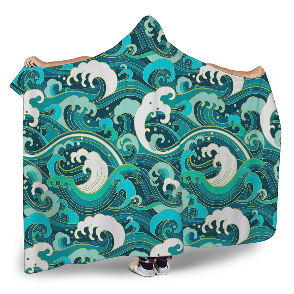 Deep Sea Wave Surfing Pattern Print Hooded Blanket