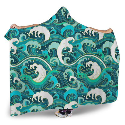 Deep Sea Wave Surfing Pattern Print Hooded Blanket