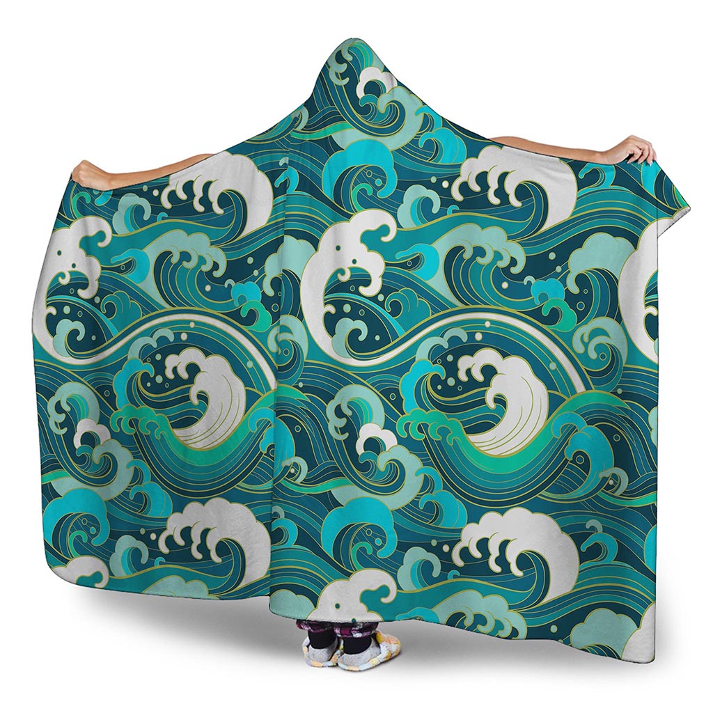Deep Sea Wave Surfing Pattern Print Hooded Blanket