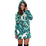 Deep Sea Wave Surfing Pattern Print Hoodie Dress GearFrost