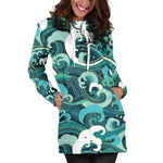 Deep Sea Wave Surfing Pattern Print Hoodie Dress GearFrost