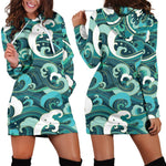 Deep Sea Wave Surfing Pattern Print Hoodie Dress GearFrost