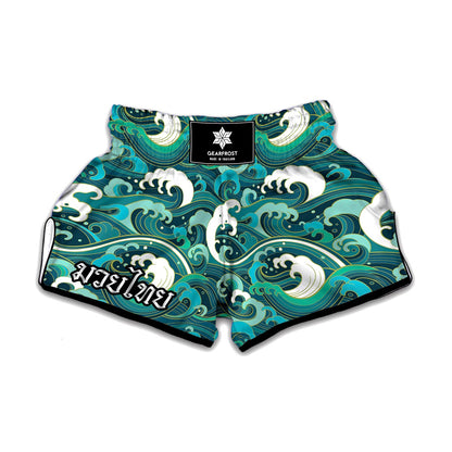 Deep Sea Wave Surfing Pattern Print Muay Thai Boxing Shorts