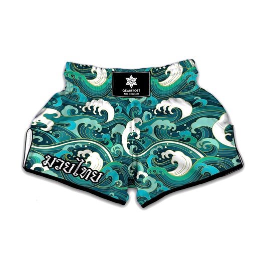 Deep Sea Wave Surfing Pattern Print Muay Thai Boxing Shorts