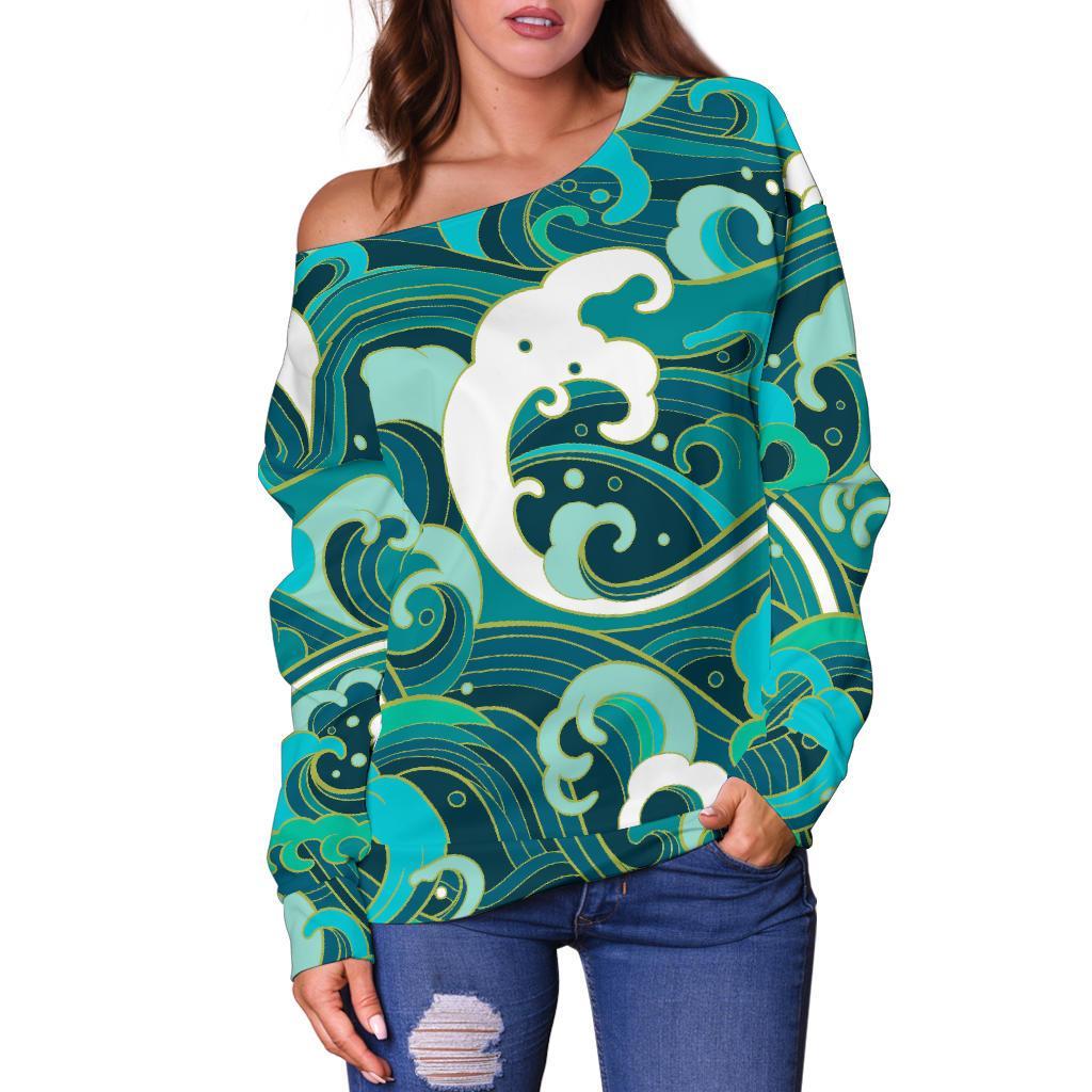 Deep Sea Wave Surfing Pattern Print Off Shoulder Sweatshirt GearFrost