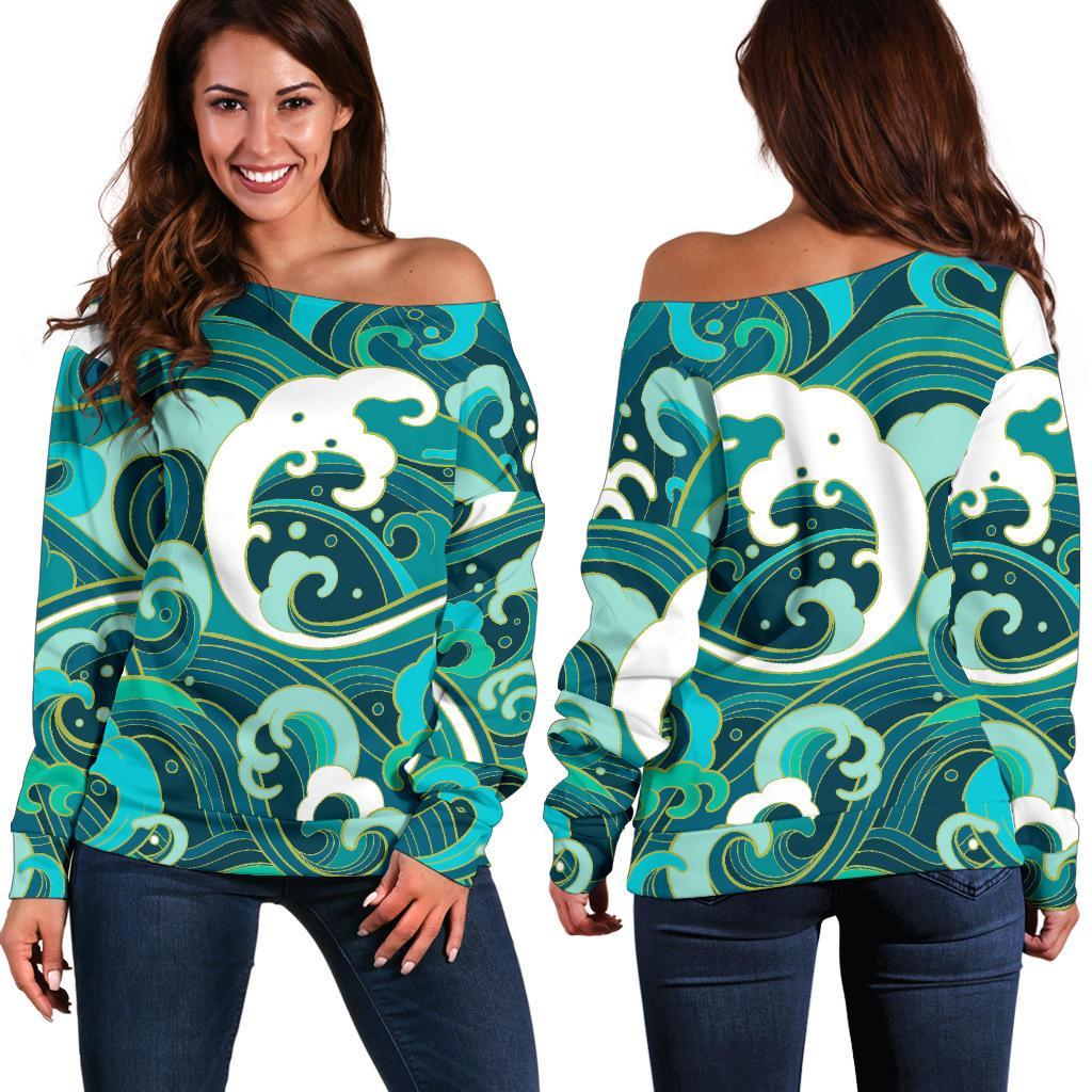 Deep Sea Wave Surfing Pattern Print Off Shoulder Sweatshirt GearFrost